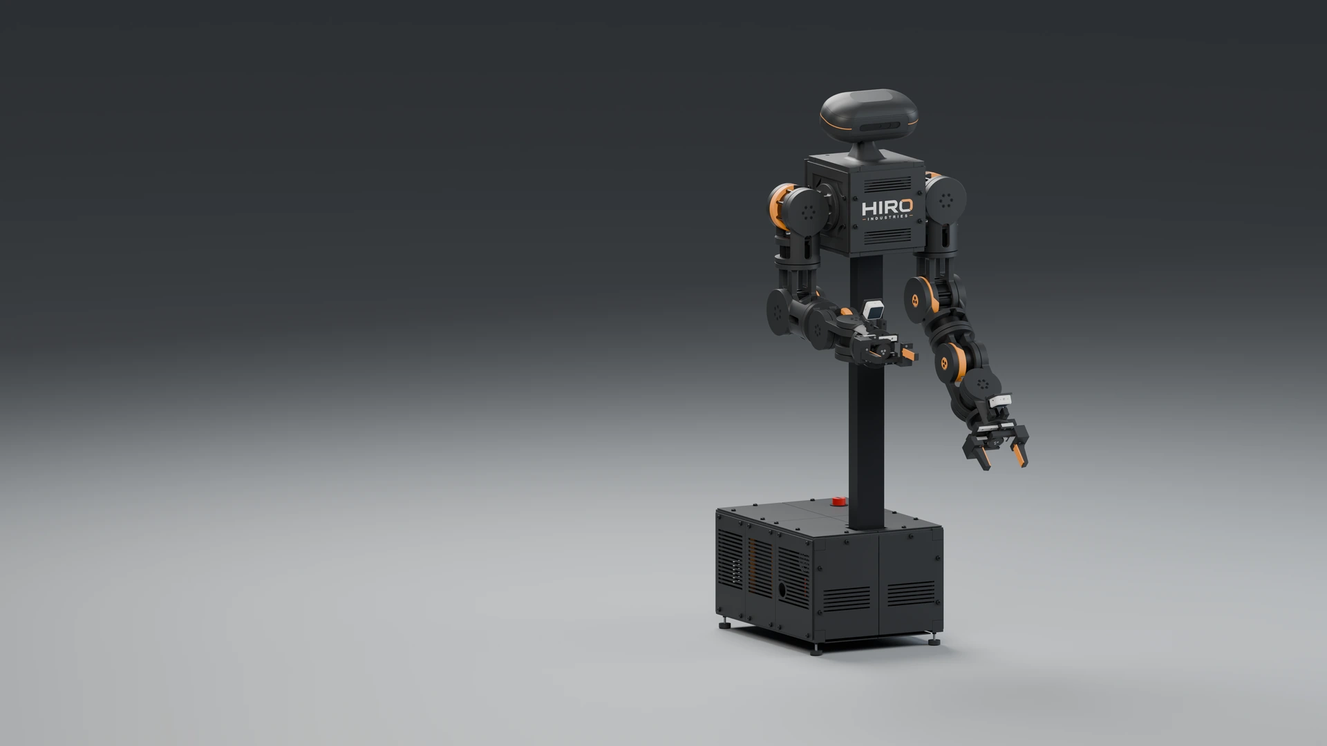 Origin, HIRO’s black and orange dual-arm robot, in an asymmetric pose